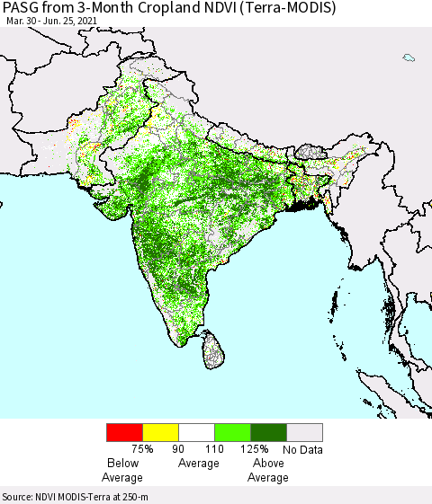 Southern Asia PASG from 3-Month Cropland NDVI (Terra-MODIS) Thematic Map For 6/18/2021 - 6/25/2021