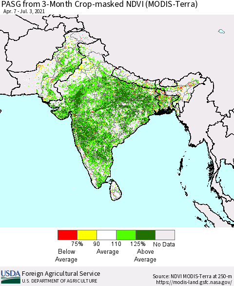 Southern Asia PASG from 3-Month Cropland NDVI (Terra-MODIS) Thematic Map For 7/1/2021 - 7/10/2021