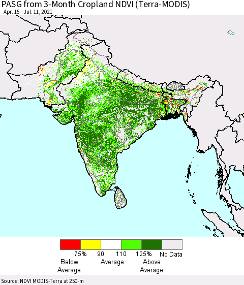 Southern Asia PASG from 3-Month Cropland NDVI (Terra-MODIS) Thematic Map For 7/4/2021 - 7/11/2021