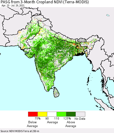 Southern Asia PASG from 3-Month Cropland NDVI (Terra-MODIS) Thematic Map For 7/12/2021 - 7/19/2021