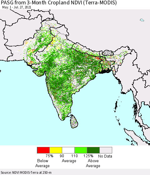 Southern Asia PASG from 3-Month Cropland NDVI (Terra-MODIS) Thematic Map For 7/20/2021 - 7/27/2021