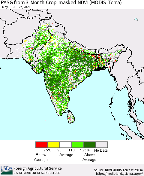 Southern Asia PASG from 3-Month Cropland NDVI (Terra-MODIS) Thematic Map For 7/21/2021 - 7/31/2021