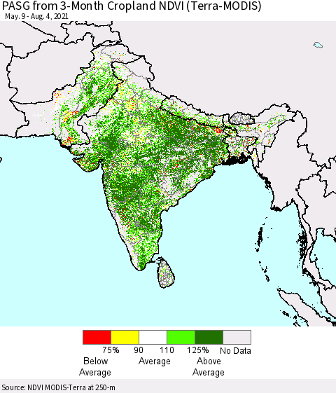 Southern Asia PASG from 3-Month Cropland NDVI (Terra-MODIS) Thematic Map For 7/28/2021 - 8/4/2021