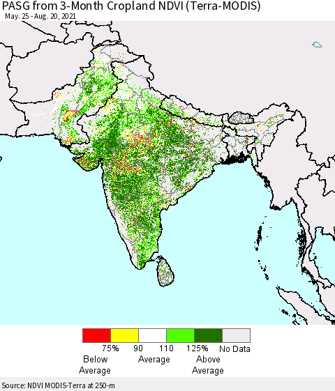 Southern Asia PASG from 3-Month Cropland NDVI (Terra-MODIS) Thematic Map For 8/11/2021 - 8/20/2021