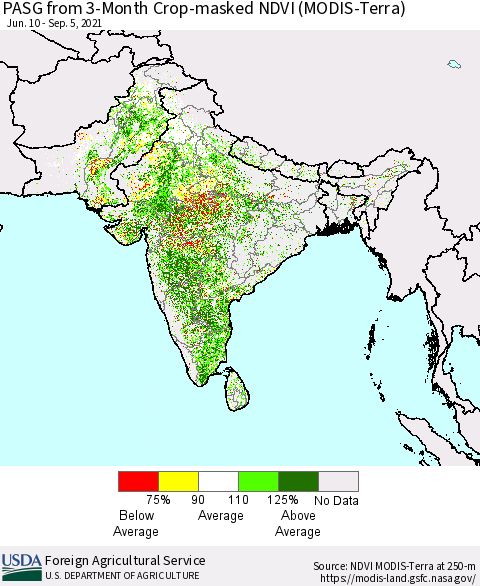 Southern Asia PASG from 3-Month Cropland NDVI (Terra-MODIS) Thematic Map For 9/1/2021 - 9/10/2021