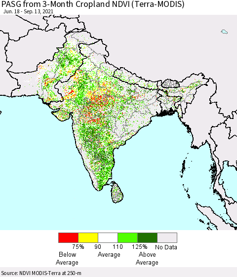 Southern Asia PASG from 3-Month Cropland NDVI (Terra-MODIS) Thematic Map For 9/6/2021 - 9/13/2021