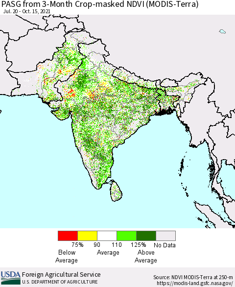 Southern Asia PASG from 3-Month Cropland NDVI (Terra-MODIS) Thematic Map For 10/11/2021 - 10/20/2021