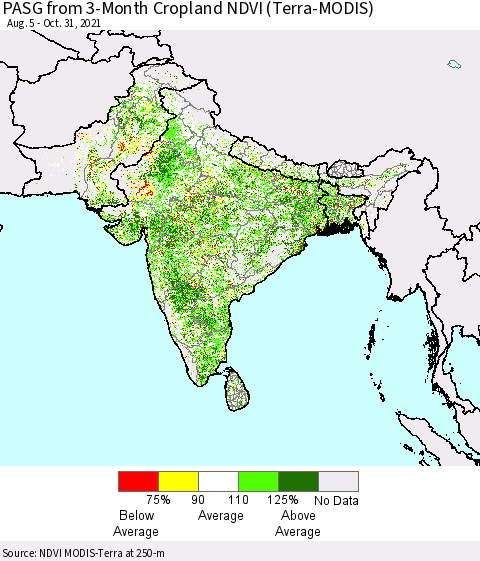 Southern Asia PASG from 3-Month Cropland NDVI (Terra-MODIS) Thematic Map For 10/21/2021 - 10/31/2021