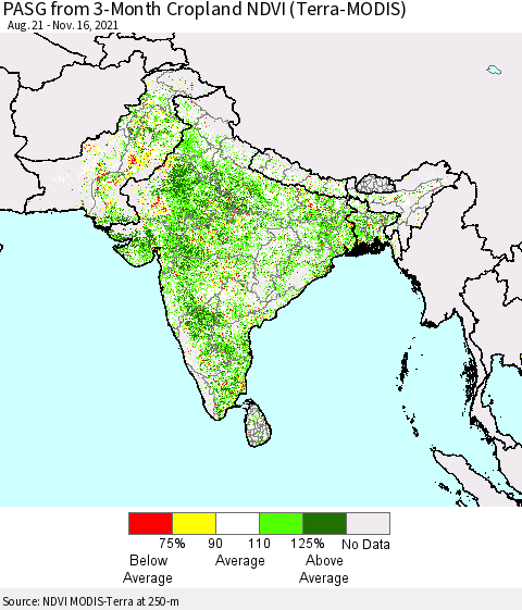 Southern Asia PASG from 3-Month Cropland NDVI (Terra-MODIS) Thematic Map For 11/9/2021 - 11/16/2021