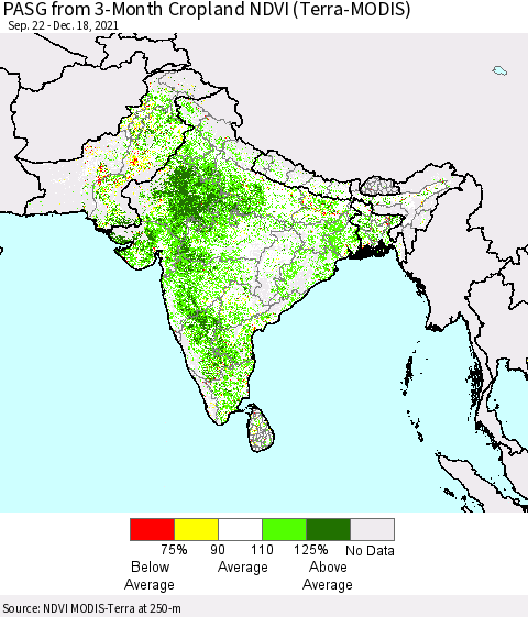 Southern Asia PASG from 3-Month Cropland NDVI (Terra-MODIS) Thematic Map For 12/11/2021 - 12/18/2021