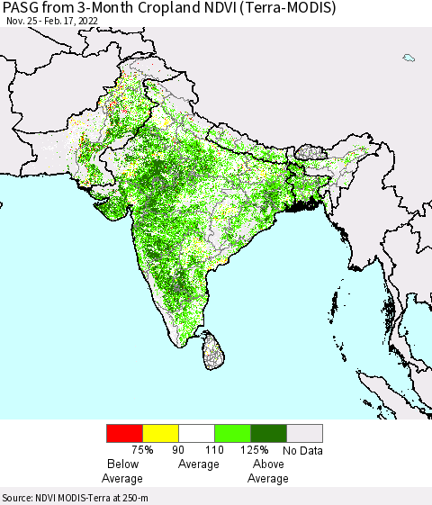 Southern Asia PASG from 3-Month Cropland NDVI (Terra-MODIS) Thematic Map For 2/10/2022 - 2/17/2022