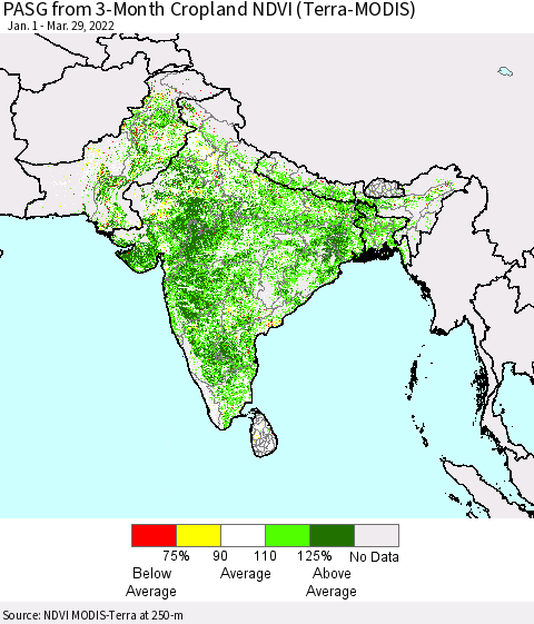 Southern Asia PASG from 3-Month Cropland NDVI (Terra-MODIS) Thematic Map For 3/22/2022 - 3/29/2022
