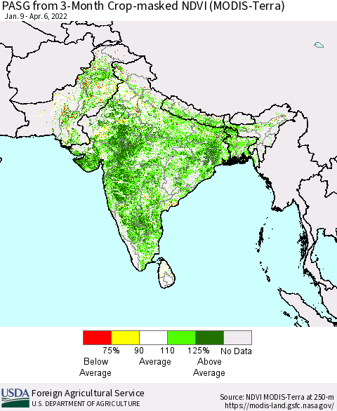Southern Asia PASG from 3-Month Cropland NDVI (Terra-MODIS) Thematic Map For 4/1/2022 - 4/10/2022