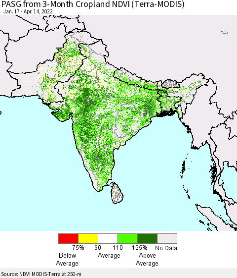Southern Asia PASG from 3-Month Cropland NDVI (Terra-MODIS) Thematic Map For 4/7/2022 - 4/14/2022