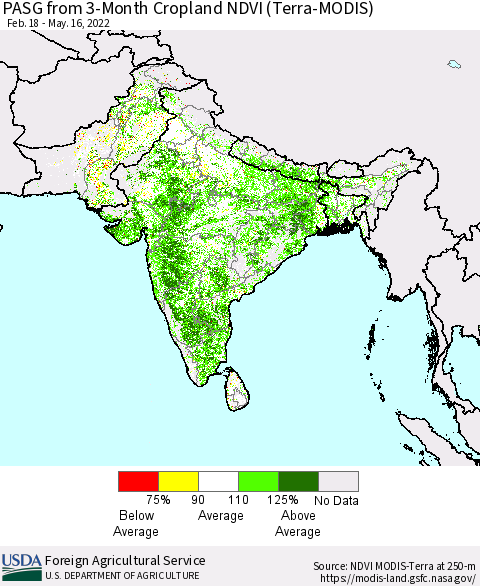 Southern Asia PASG from 3-Month Cropland NDVI (Terra-MODIS) Thematic Map For 5/11/2022 - 5/20/2022