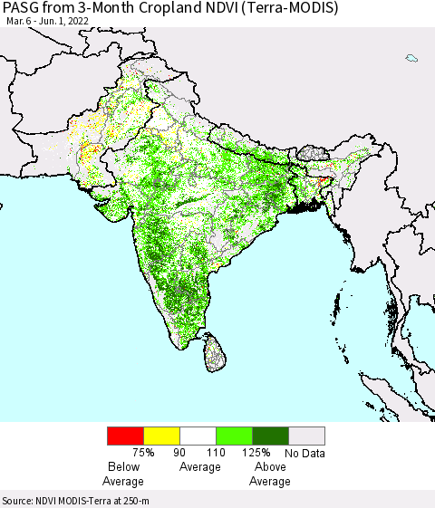 Southern Asia PASG from 3-Month Cropland NDVI (Terra-MODIS) Thematic Map For 5/25/2022 - 6/1/2022