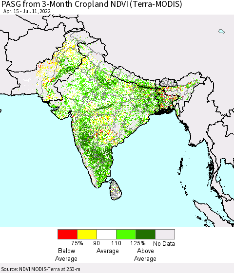 Southern Asia PASG from 3-Month Cropland NDVI (Terra-MODIS) Thematic Map For 7/4/2022 - 7/11/2022