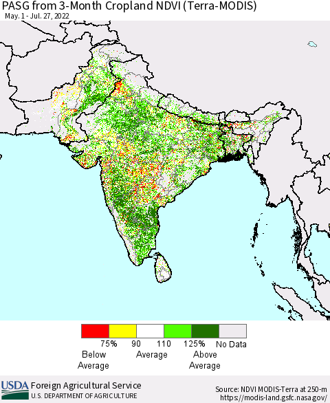 Southern Asia PASG from 3-Month Cropland NDVI (Terra-MODIS) Thematic Map For 7/21/2022 - 7/31/2022