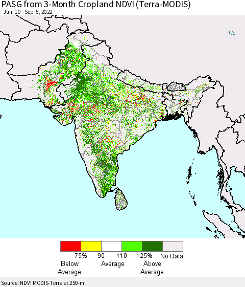 Southern Asia PASG from 3-Month Cropland NDVI (Terra-MODIS) Thematic Map For 8/29/2022 - 9/5/2022