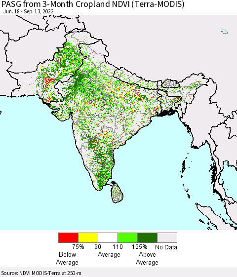 Southern Asia PASG from 3-Month Cropland NDVI (Terra-MODIS) Thematic Map For 9/6/2022 - 9/13/2022