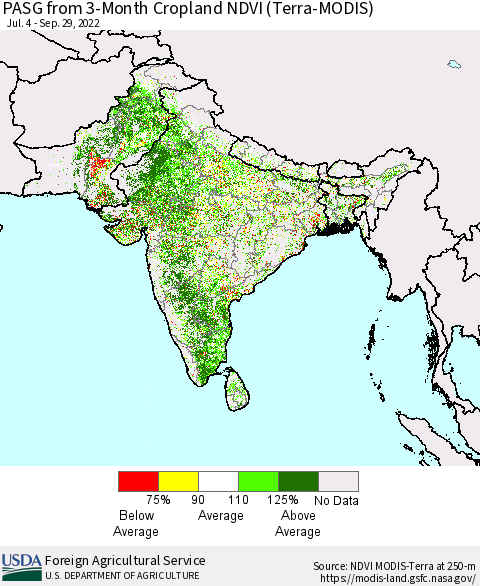 Southern Asia PASG from 3-Month Cropland NDVI (Terra-MODIS) Thematic Map For 9/21/2022 - 9/30/2022
