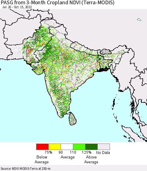 Southern Asia PASG from 3-Month Cropland NDVI (Terra-MODIS) Thematic Map For 10/8/2022 - 10/15/2022