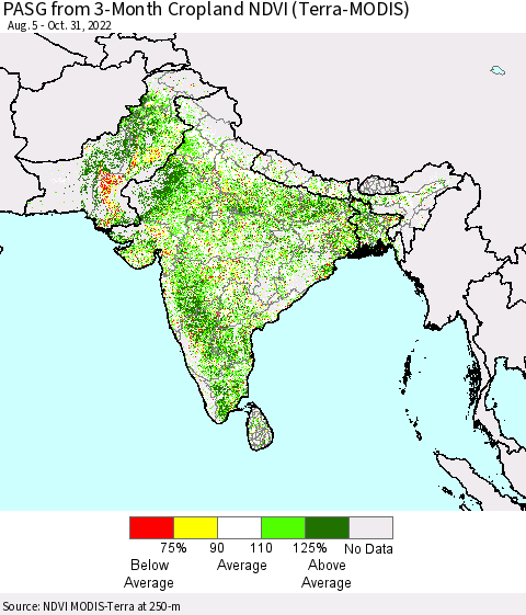 Southern Asia PASG from 3-Month Cropland NDVI (Terra-MODIS) Thematic Map For 10/21/2022 - 10/31/2022