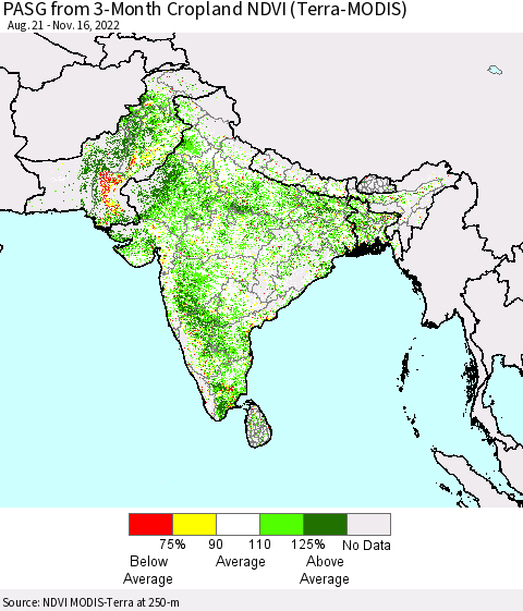 Southern Asia PASG from 3-Month Cropland NDVI (Terra-MODIS) Thematic Map For 11/9/2022 - 11/16/2022