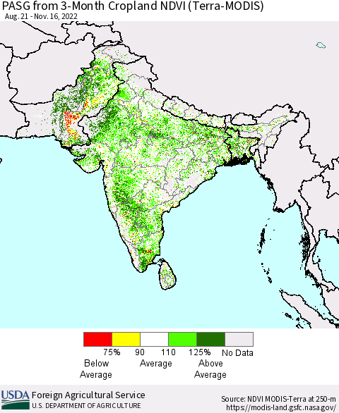 Southern Asia PASG from 3-Month Cropland NDVI (Terra-MODIS) Thematic Map For 11/11/2022 - 11/20/2022