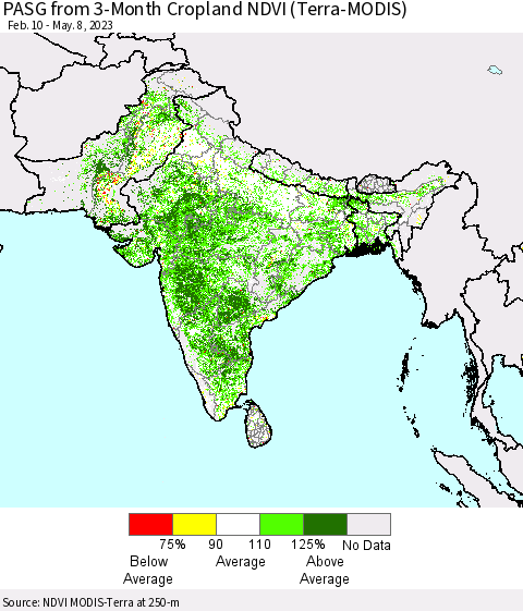 Southern Asia PASG from 3-Month Cropland NDVI (Terra-MODIS) Thematic Map For 5/1/2023 - 5/8/2023