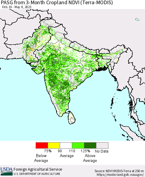 Southern Asia PASG from 3-Month Cropland NDVI (Terra-MODIS) Thematic Map For 5/1/2023 - 5/10/2023