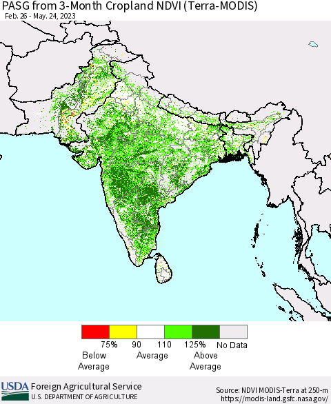 Southern Asia PASG from 3-Month Cropland NDVI (Terra-MODIS) Thematic Map For 5/21/2023 - 5/31/2023