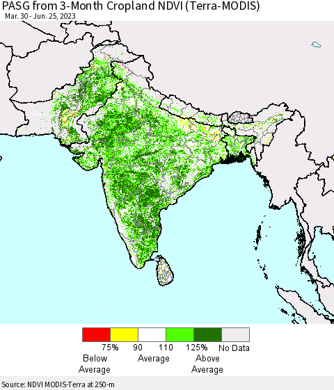 Southern Asia PASG from 3-Month Cropland NDVI (Terra-MODIS) Thematic Map For 6/18/2023 - 6/25/2023