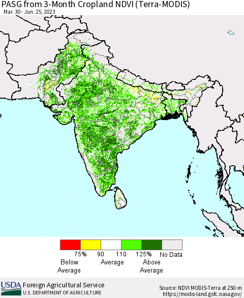 Southern Asia PASG from 3-Month Cropland NDVI (Terra-MODIS) Thematic Map For 6/21/2023 - 6/30/2023