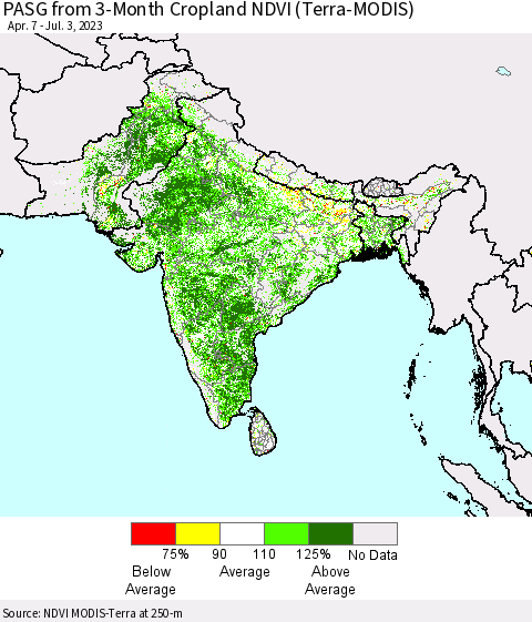 Southern Asia PASG from 3-Month Cropland NDVI (Terra-MODIS) Thematic Map For 6/26/2023 - 7/3/2023