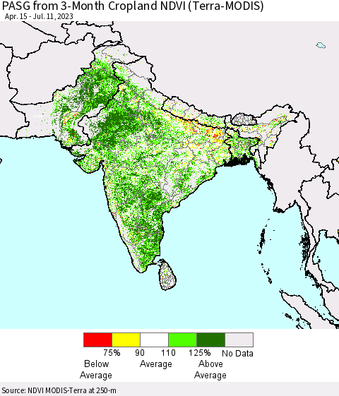 Southern Asia PASG from 3-Month Cropland NDVI (Terra-MODIS) Thematic Map For 7/4/2023 - 7/11/2023