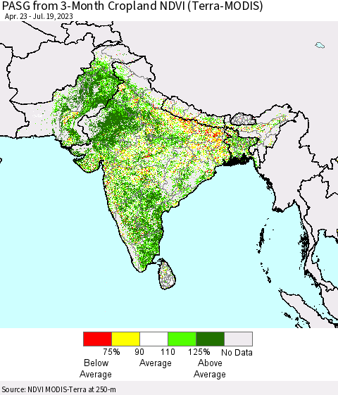 Southern Asia PASG from 3-Month Cropland NDVI (Terra-MODIS) Thematic Map For 7/12/2023 - 7/19/2023