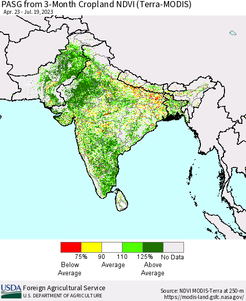 Southern Asia PASG from 3-Month Cropland NDVI (Terra-MODIS) Thematic Map For 7/11/2023 - 7/20/2023