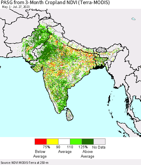 Southern Asia PASG from 3-Month Cropland NDVI (Terra-MODIS) Thematic Map For 7/20/2023 - 7/27/2023