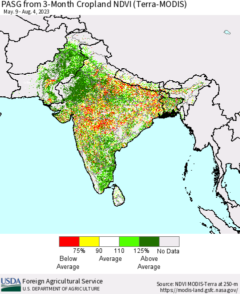 Southern Asia PASG from 3-Month Cropland NDVI (Terra-MODIS) Thematic Map For 8/1/2023 - 8/10/2023