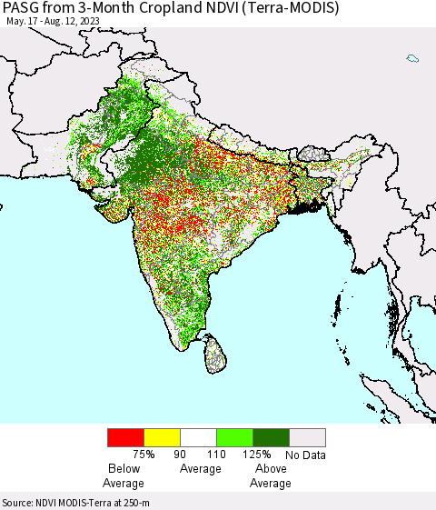 Southern Asia PASG from 3-Month Cropland NDVI (Terra-MODIS) Thematic Map For 8/5/2023 - 8/12/2023