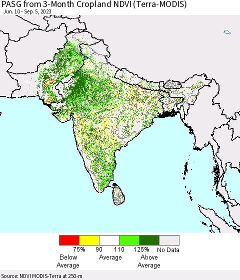 Southern Asia PASG from 3-Month Cropland NDVI (Terra-MODIS) Thematic Map For 8/29/2023 - 9/5/2023