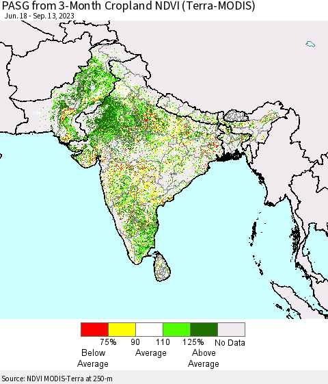 Southern Asia PASG from 3-Month Cropland NDVI (Terra-MODIS) Thematic Map For 9/6/2023 - 9/13/2023