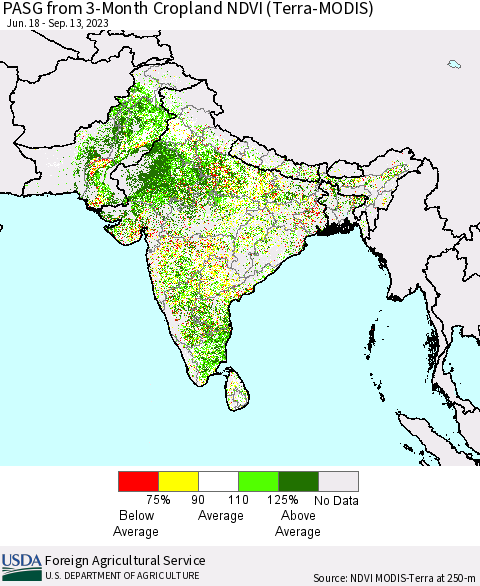 Southern Asia PASG from 3-Month Cropland NDVI (Terra-MODIS) Thematic Map For 9/11/2023 - 9/20/2023