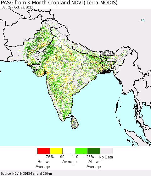 Southern Asia PASG from 3-Month Cropland NDVI (Terra-MODIS) Thematic Map For 10/16/2023 - 10/23/2023