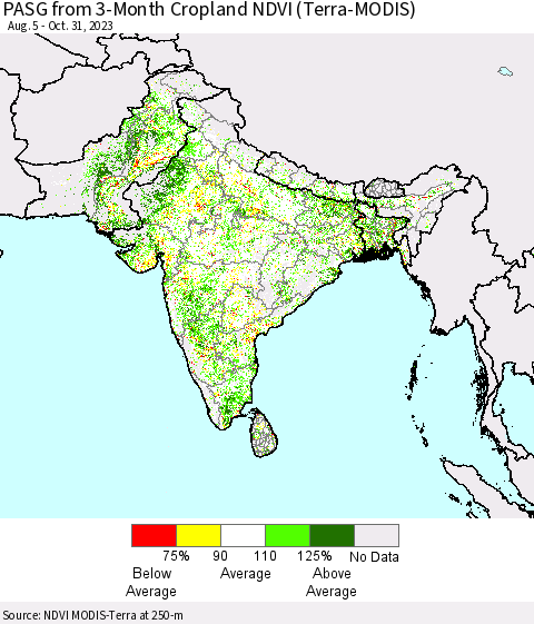 Southern Asia PASG from 3-Month Cropland NDVI (Terra-MODIS) Thematic Map For 10/21/2023 - 10/31/2023