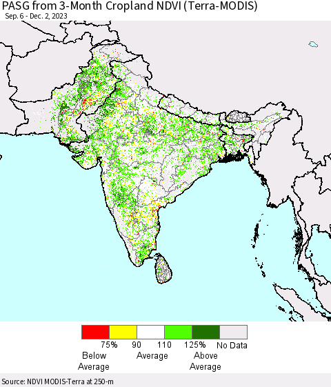 Southern Asia PASG from 3-Month Cropland NDVI (Terra-MODIS) Thematic Map For 11/25/2023 - 12/2/2023
