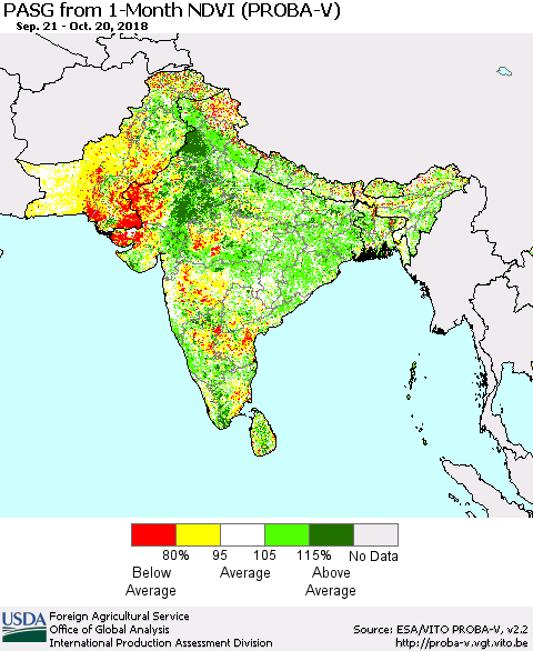 Southern Asia PASG from 1-Month NDVI (PROBA-V) Thematic Map For 10/11/2018 - 10/20/2018
