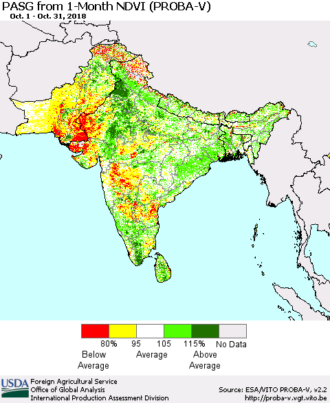 Southern Asia PASG from 1-Month NDVI (PROBA-V) Thematic Map For 10/21/2018 - 10/31/2018