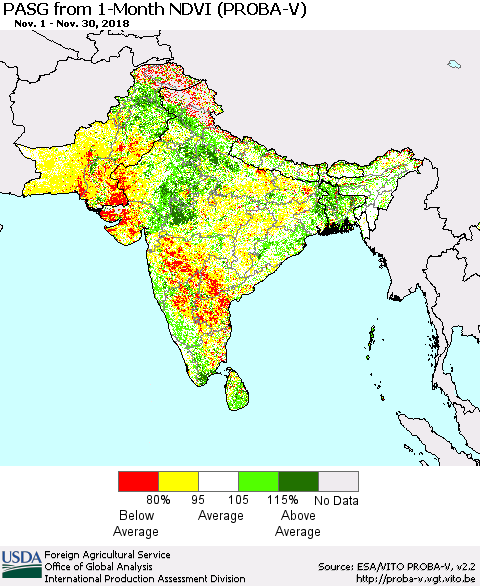 Southern Asia PASG from 1-Month NDVI (PROBA-V) Thematic Map For 11/21/2018 - 11/30/2018